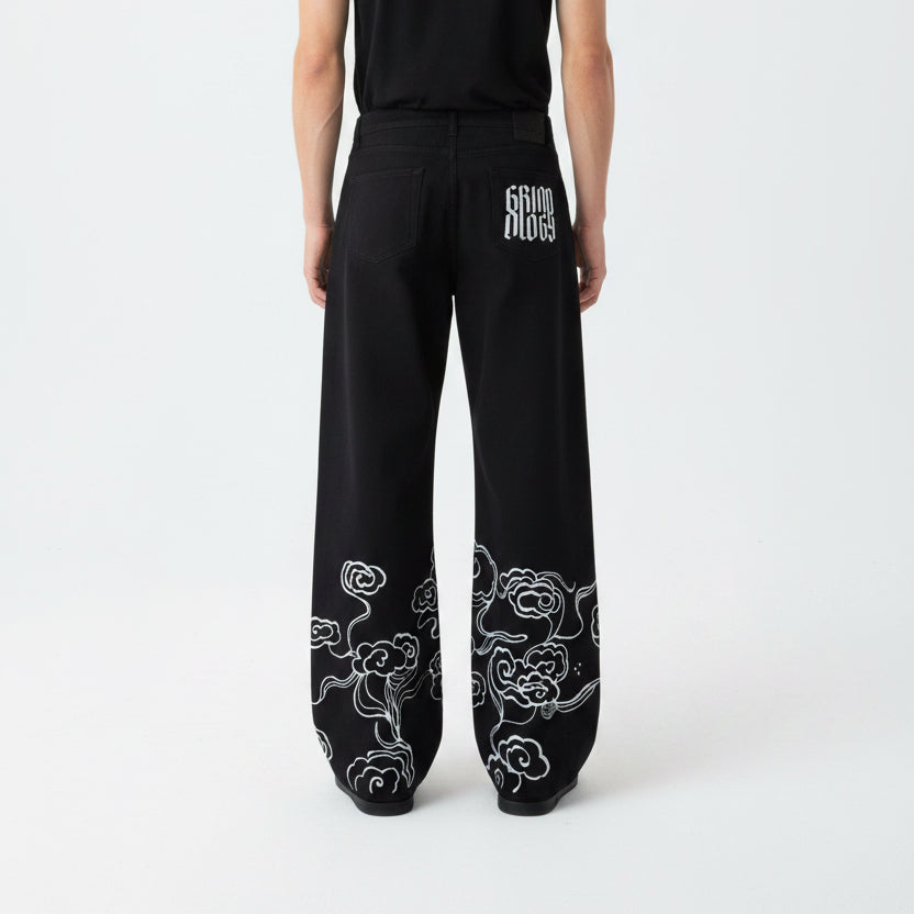 1|1 Black Baggy Pants Grindology Collection - Japanese Clouds
